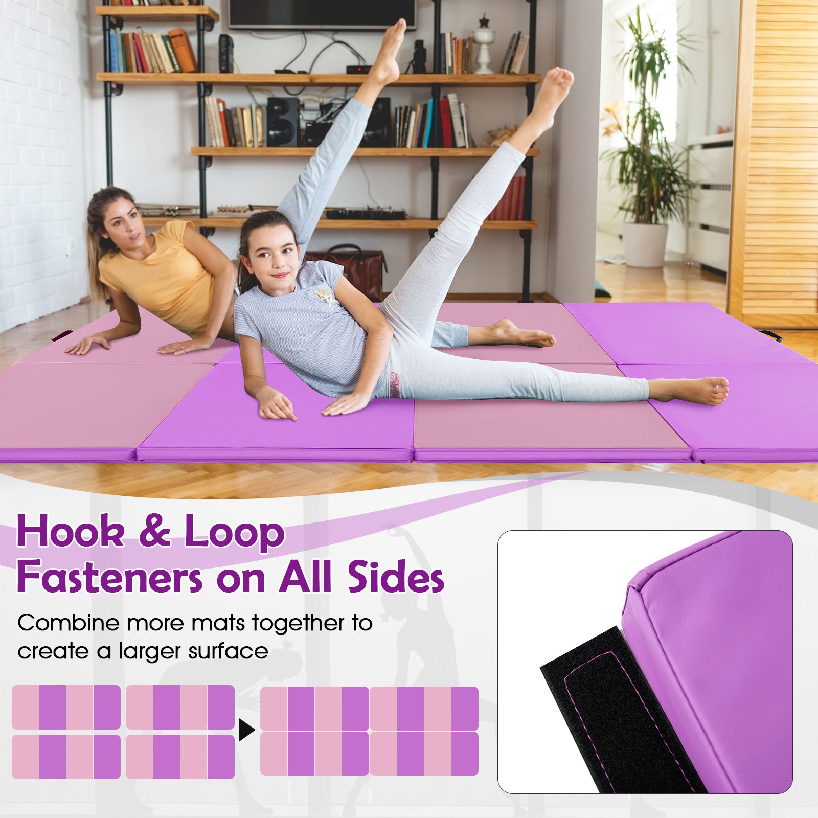 240 x 116 x 5 cm Folding Soft Floor Mat with Carry Handles and Hook & Loop Fasteners-Pink & Purple