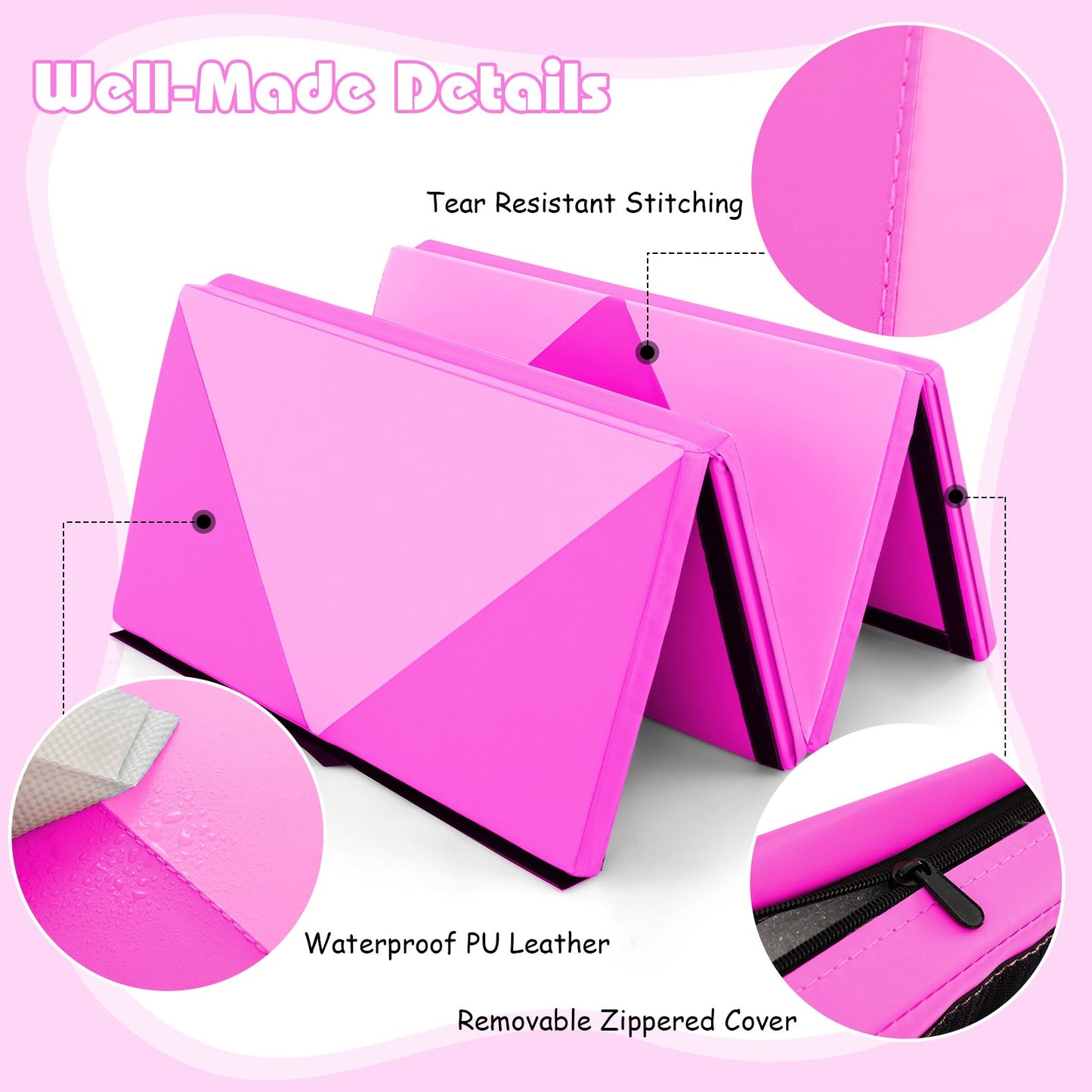 240cm PU Leather Folding Gymnastics Mat-Macaron Pink