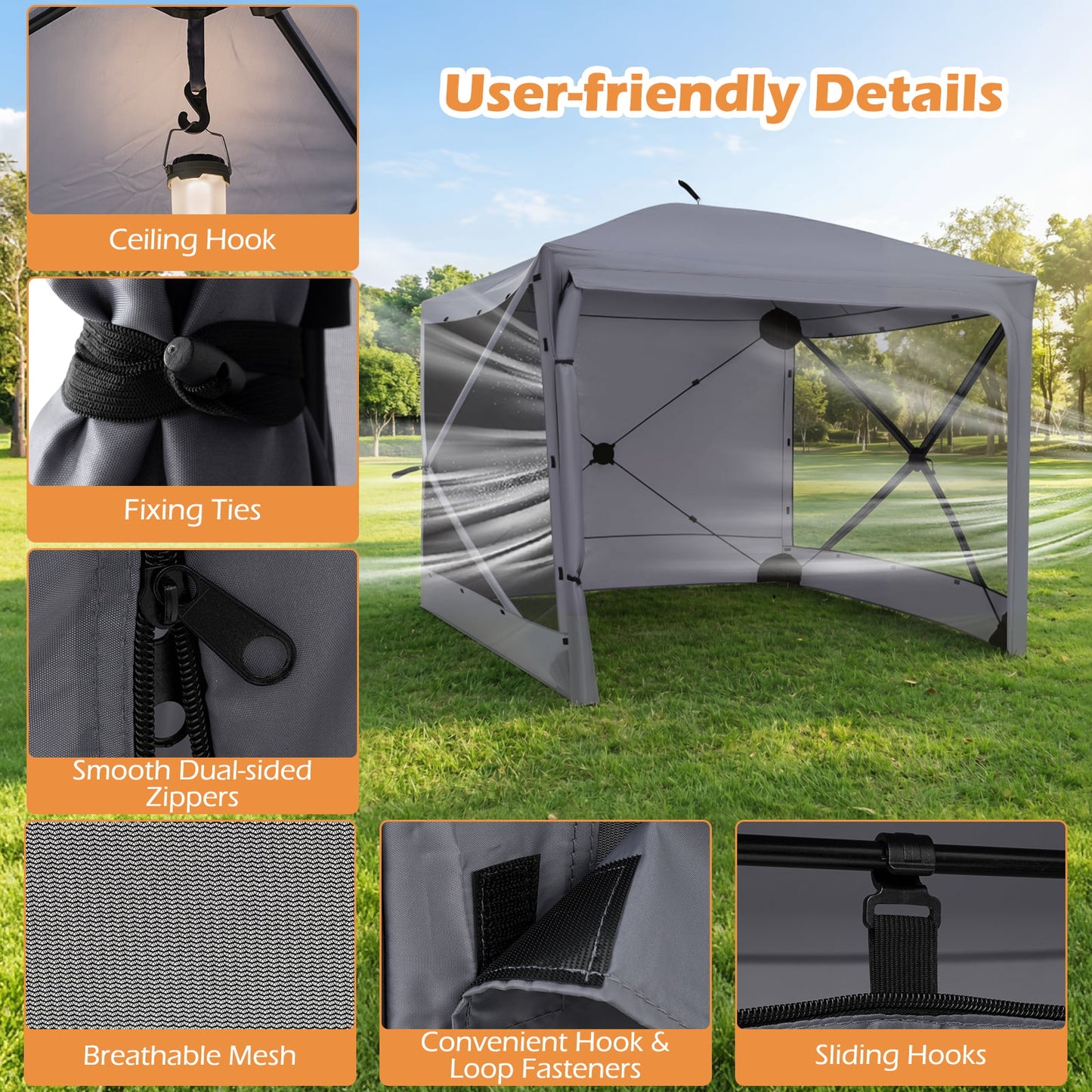 240x240cm Pop up Gazebo Tent with Zippered Door and Privacy Cloths for Camping-Grey