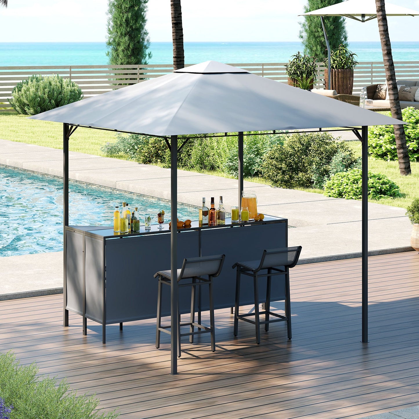245 x 245 cm 3-Piece Patio Bar Set Grill Gazebo with Bar Stools and Table-Grey