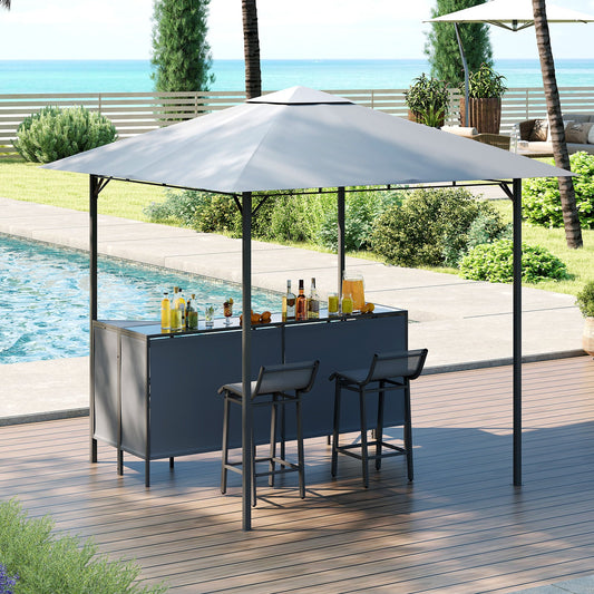 245 x 245 cm 3-Piece Patio Bar Set Grill Gazebo with Bar Stools and Table-Grey