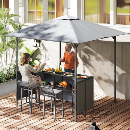 245 x 245 cm 3-Piece Patio Bar Set Grill Gazebo with Bar Stools and Table-Grey