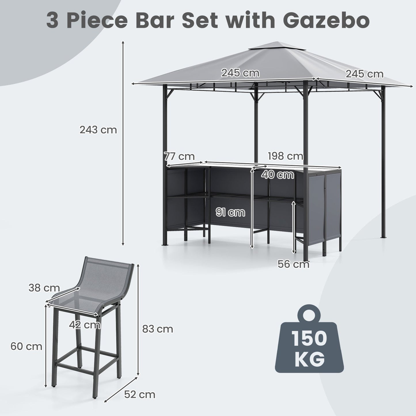 245 x 245 cm 3-Piece Patio Bar Set Grill Gazebo with Bar Stools and Table-Grey