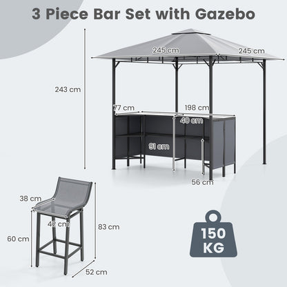 245 x 245 cm 3-Piece Patio Bar Set Grill Gazebo with Bar Stools and Table-Grey