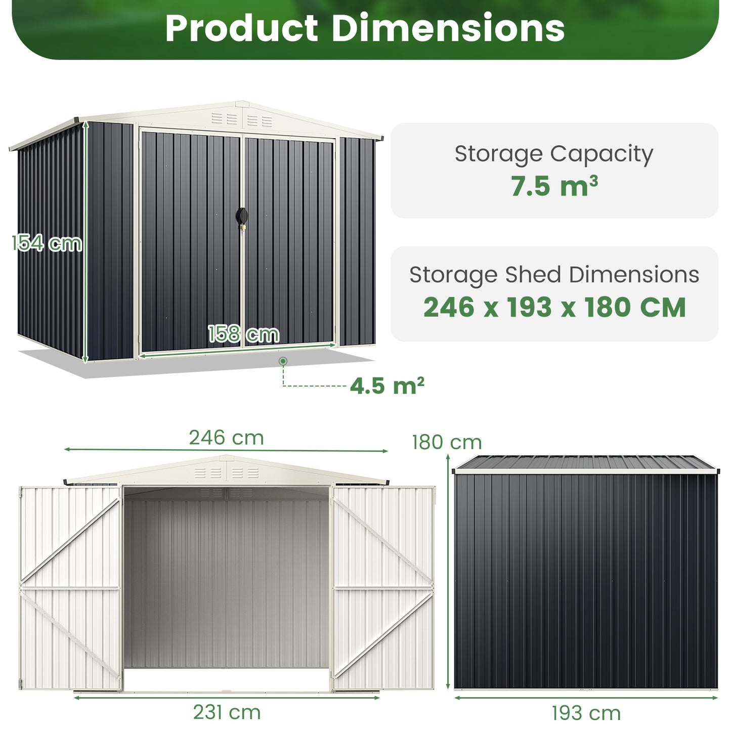 246 x 193 CM Metal Outdoor Storage Shed with Snap-on Structures-Grey