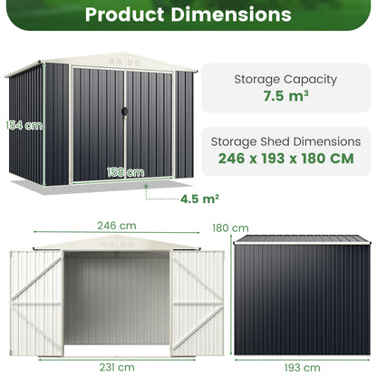246 x 193 CM Metal Outdoor Storage Shed with Snap-on Structures-Grey