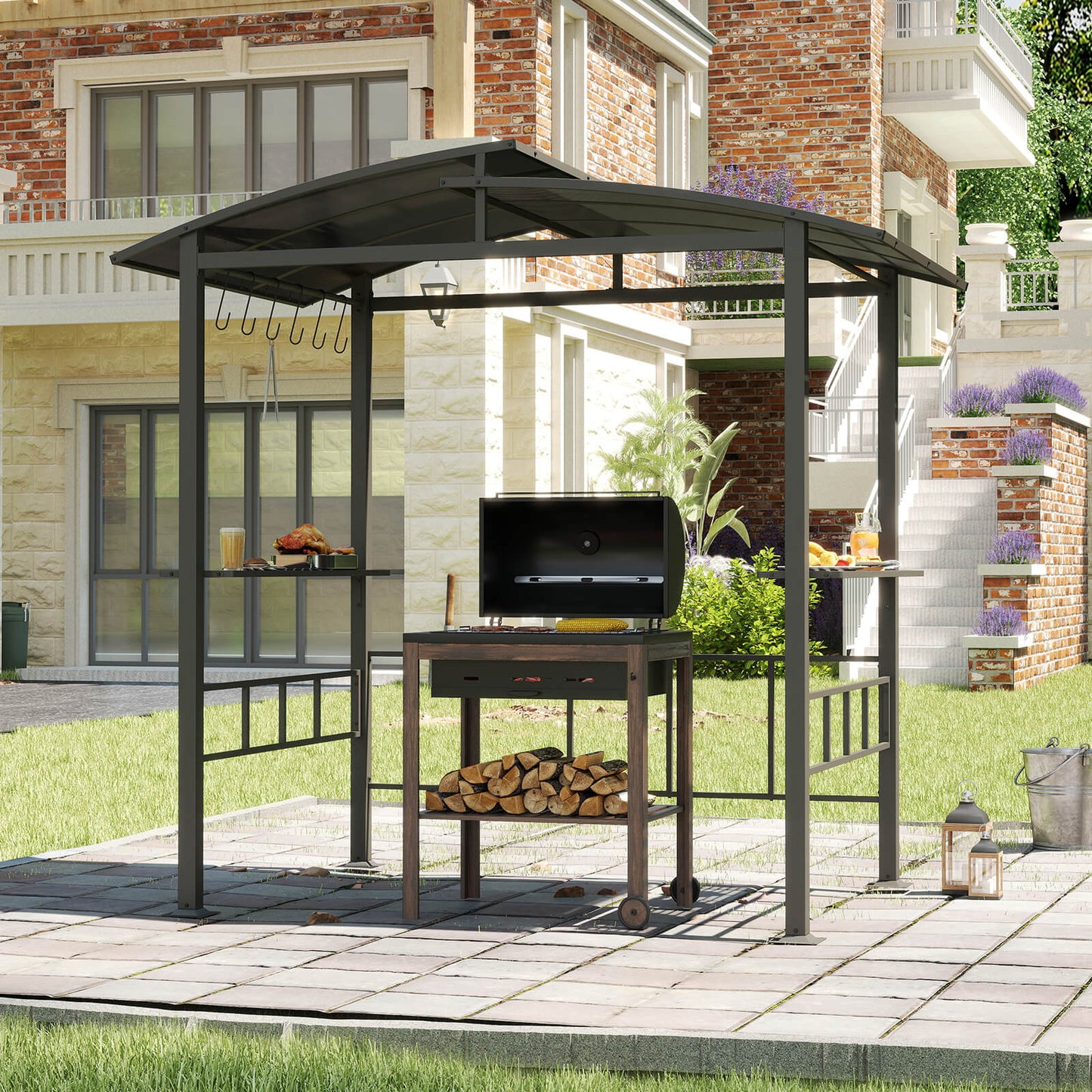 248 x 150 cm Hardtop Grill Gazebo with Vented Roof and Side Shelves-Black
