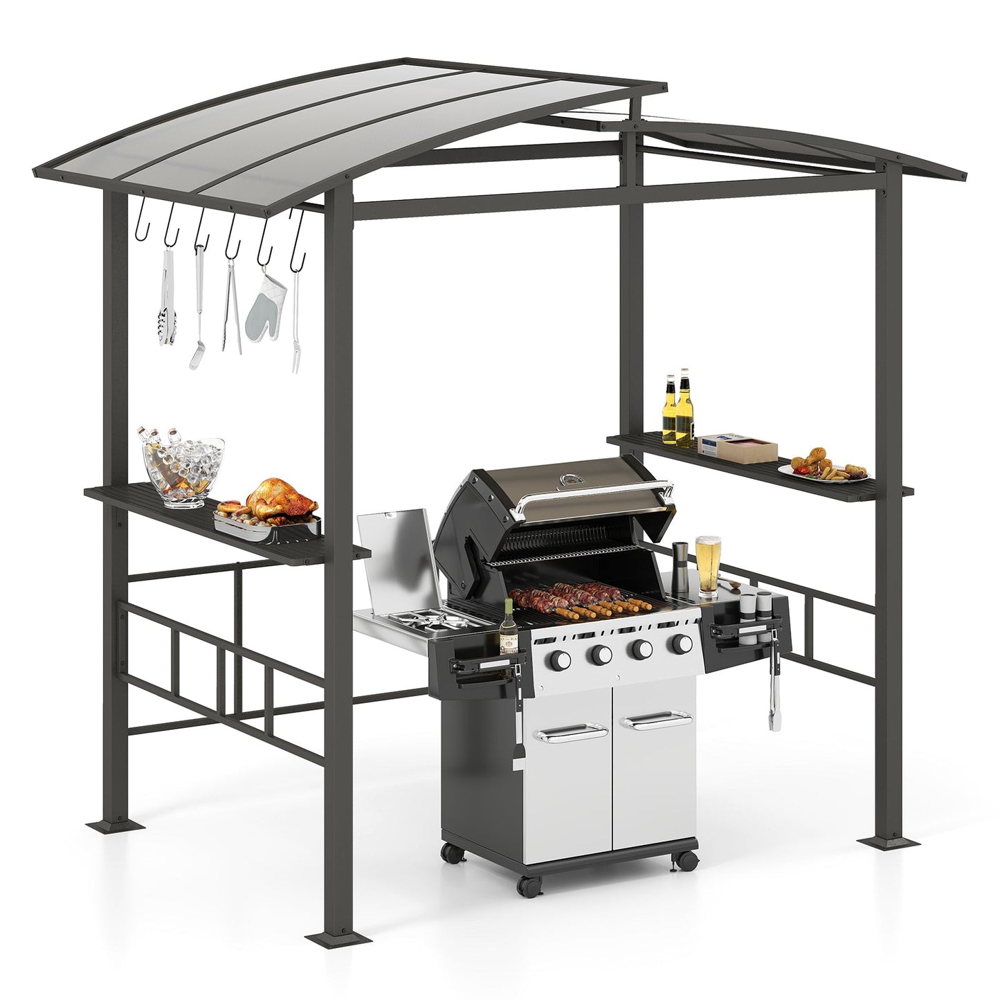 248 x 150 cm Hardtop Grill Gazebo with Vented Roof and Side Shelves-Black