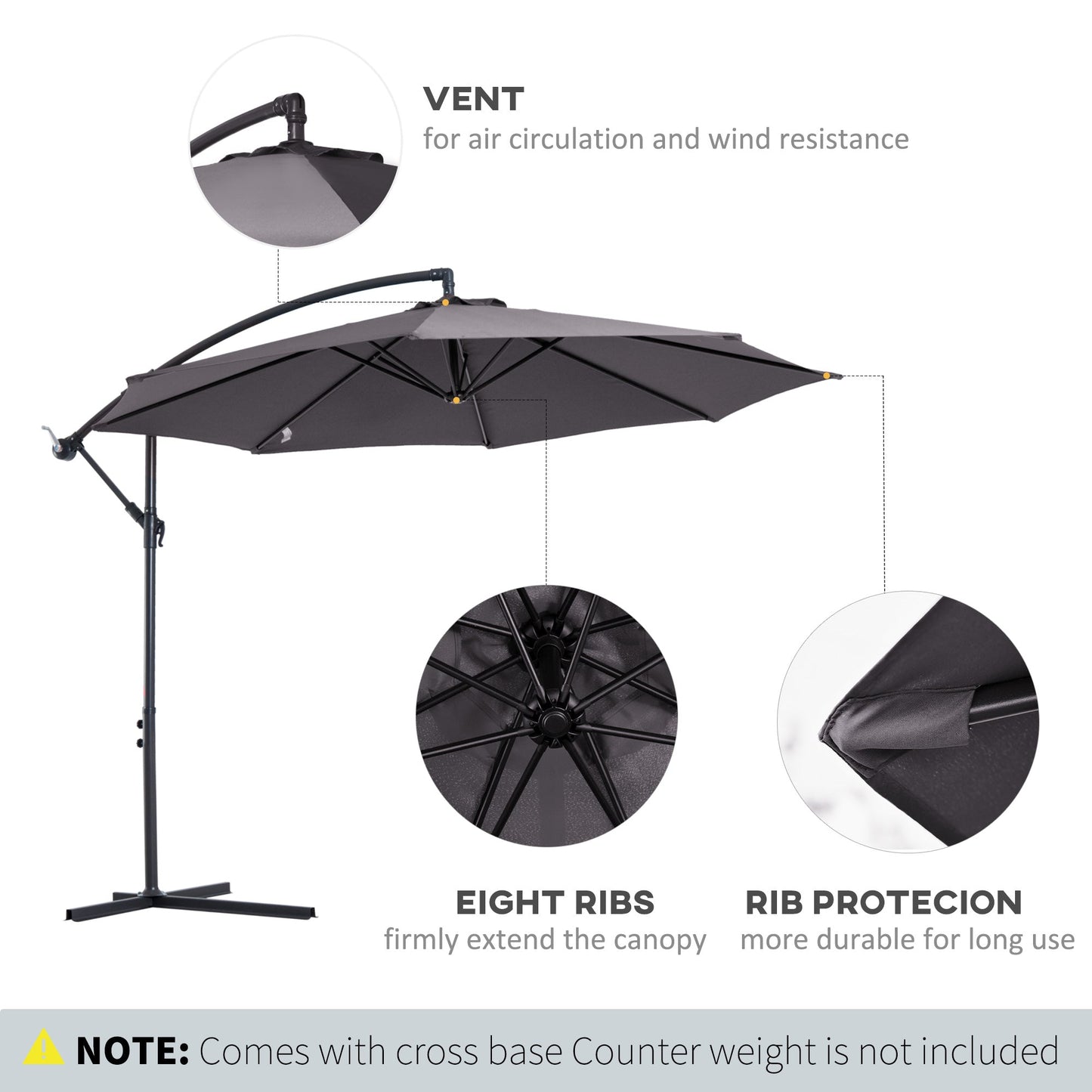 Outsunny Cantilever Umbrella Parasol wiszący Banana Steel Dark Grey 3M Patio