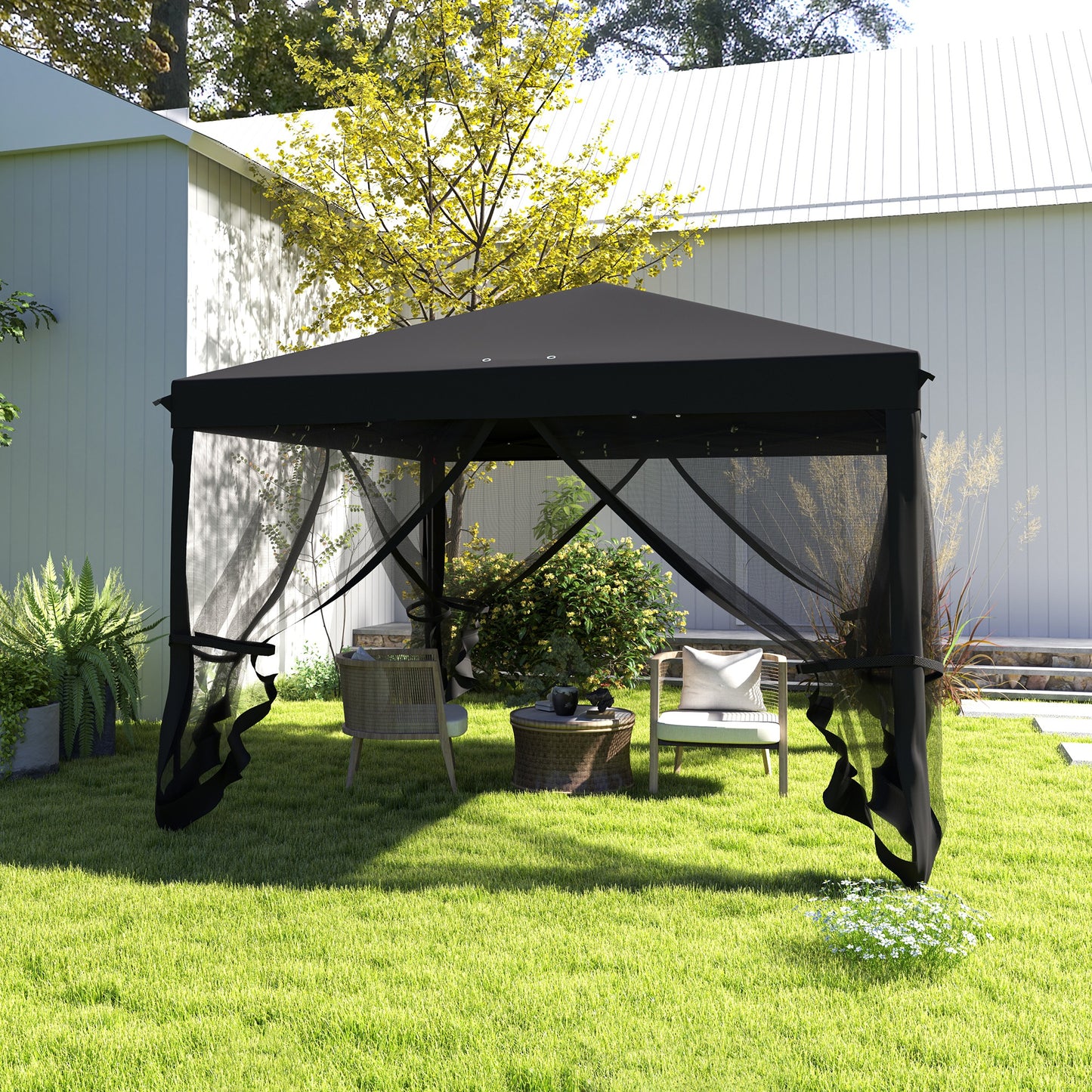 Outsunny 3 x 3√Ç m Pop Up Gazebo, 420D Baldachim ogrodowy z odpinaną siatką boczną, torba transportowa do ogrodu, patio, na zewnątrz, czarny