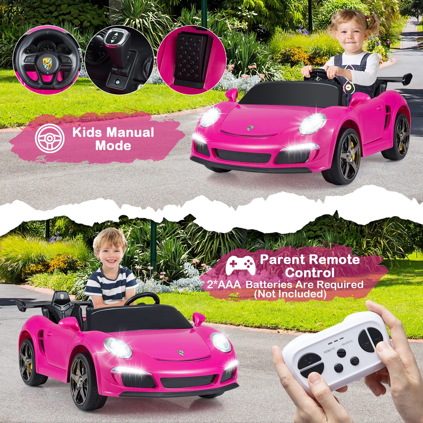 24V Battery Powered Electric Vehicle with Parent Remote Control and LED Lights-Pink