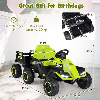24V Kids Electric Vehicle with Parent Remote and Detachable Trailer for Boys Girls Aged 3+-Green