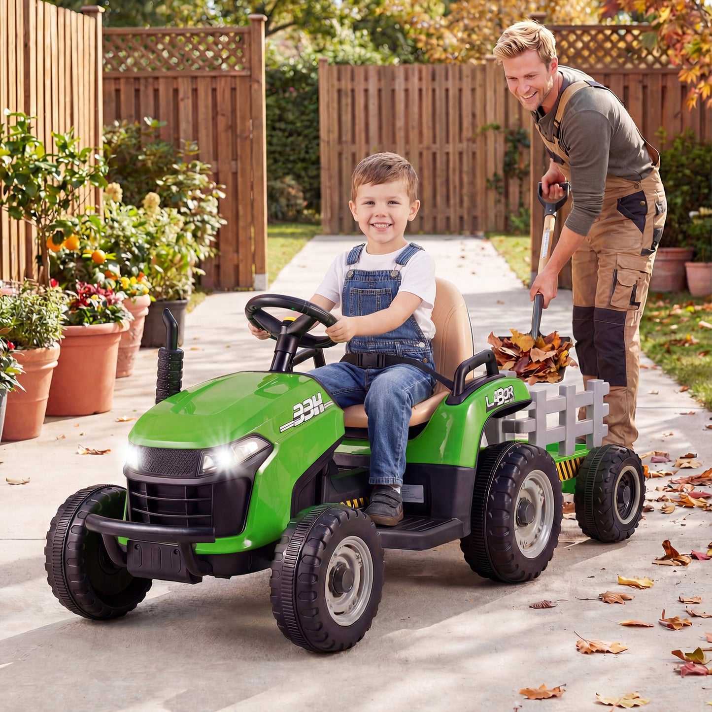 24V Ride on Tractor with Tiltable and Detachable Trailer Battery Powered Electric Tractor-Green