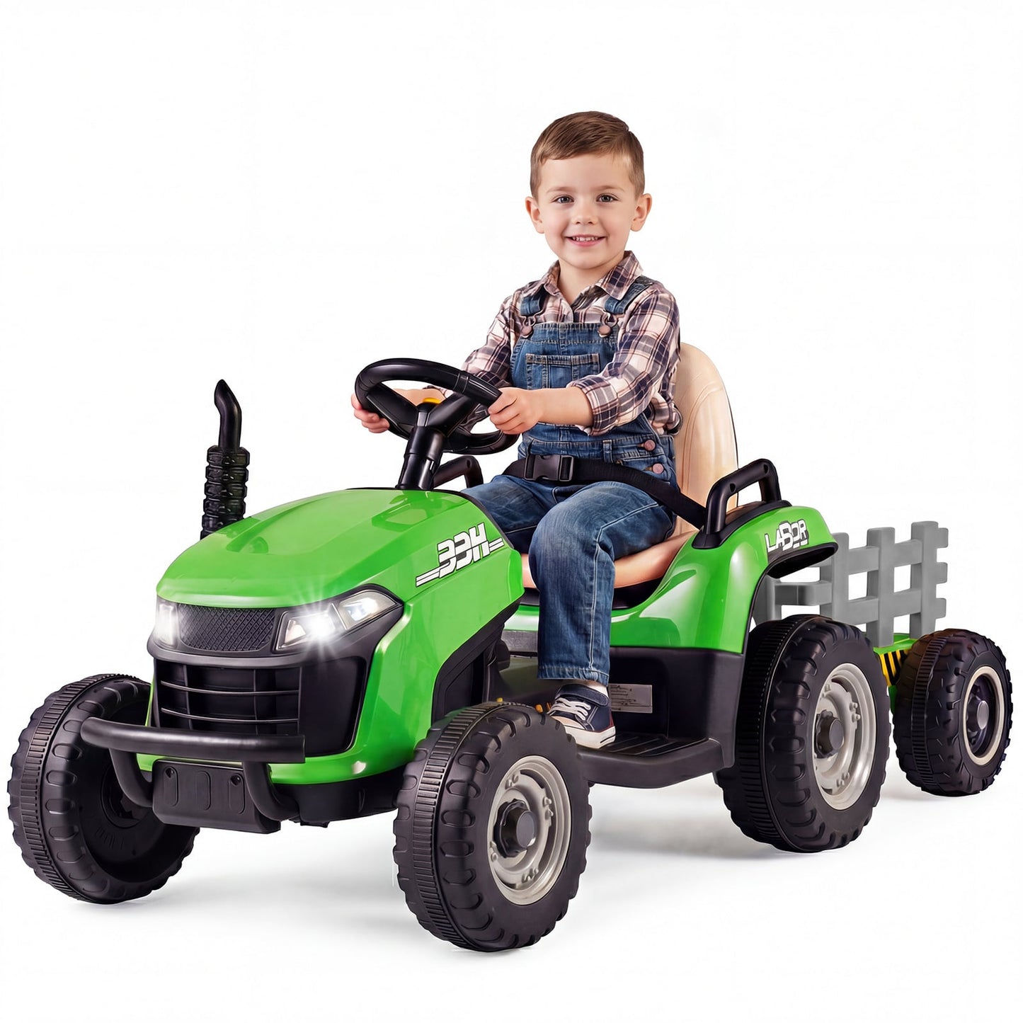 24V Ride on Tractor with Tiltable and Detachable Trailer Battery Powered Electric Tractor-Green