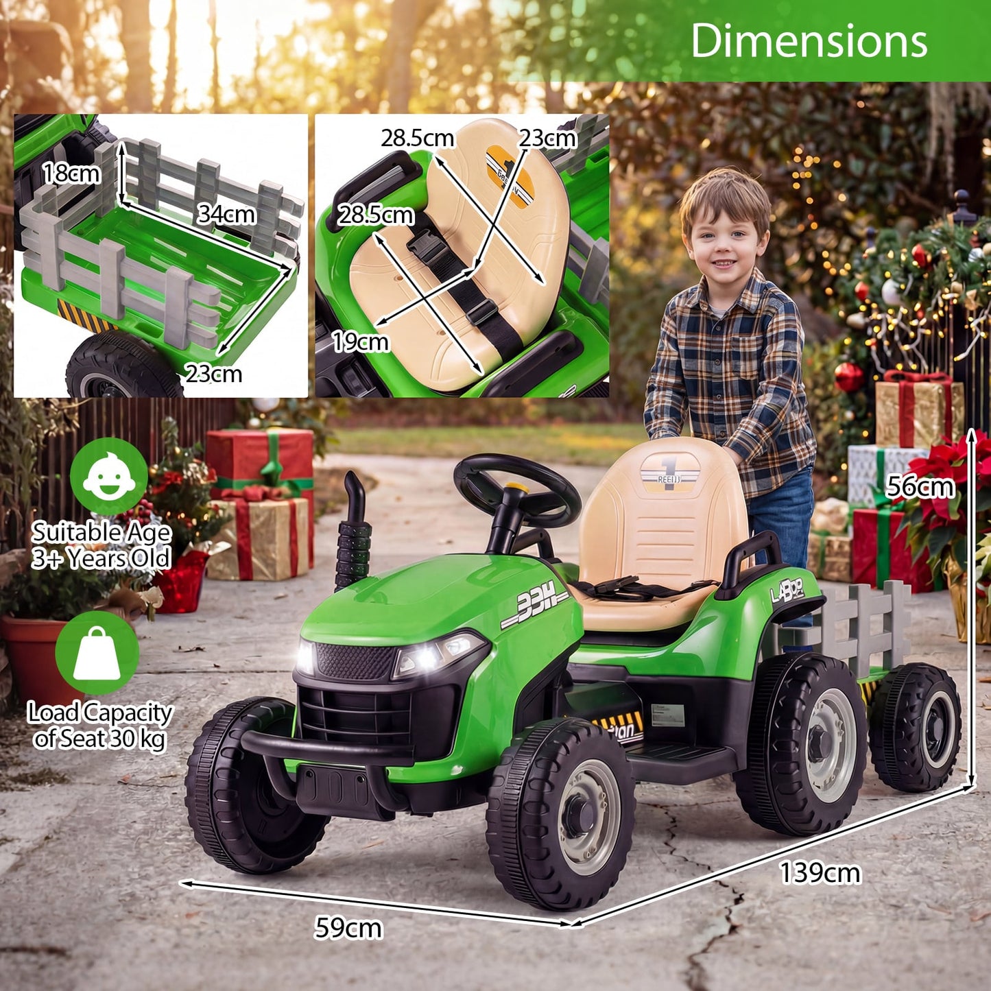 24V Ride on Tractor with Tiltable and Detachable Trailer Battery Powered Electric Tractor-Green
