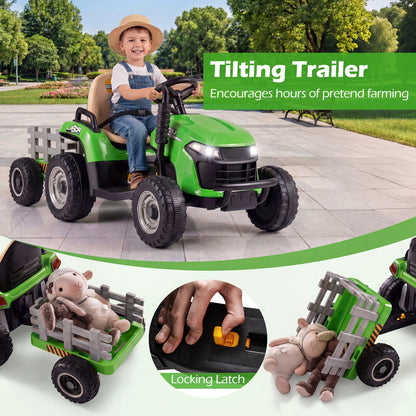 24V Ride on Tractor with Tiltable and Detachable Trailer Battery Powered Electric Tractor-Green