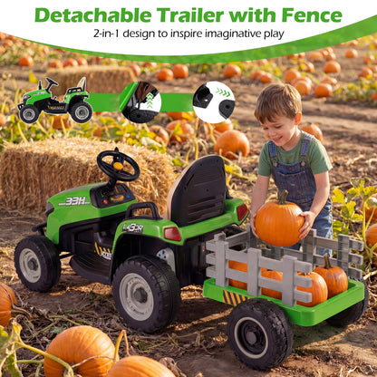 24V Ride on Tractor with Tiltable and Detachable Trailer Battery Powered Electric Tractor-Green
