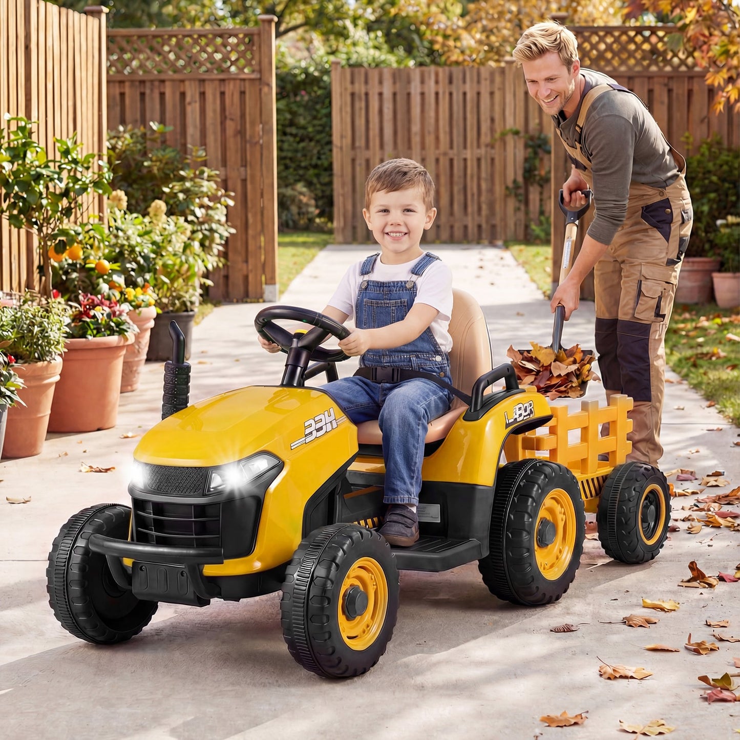 24V Ride on Tractor with Tiltable and Detachable Trailer Battery Powered Electric Tractor-Yellow