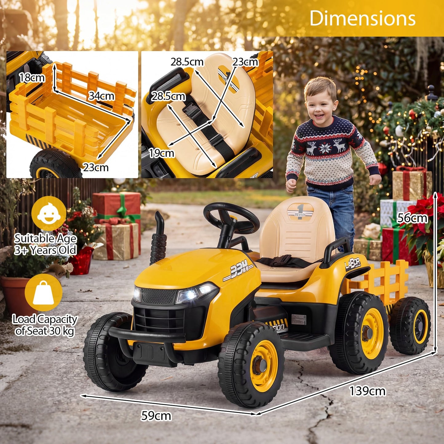 24V Ride on Tractor with Tiltable and Detachable Trailer Battery Powered Electric Tractor-Yellow