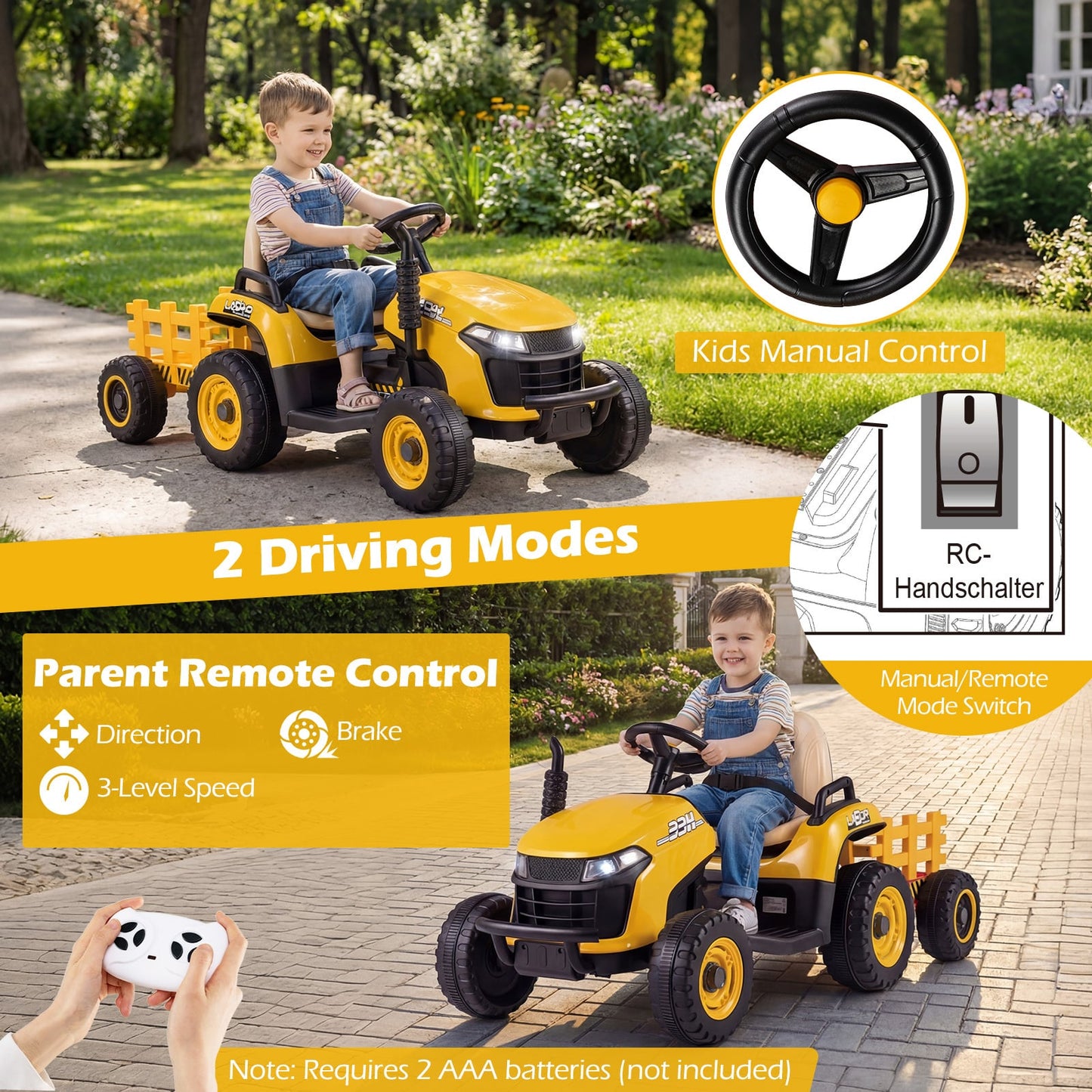 24V Ride on Tractor with Tiltable and Detachable Trailer Battery Powered Electric Tractor-Yellow