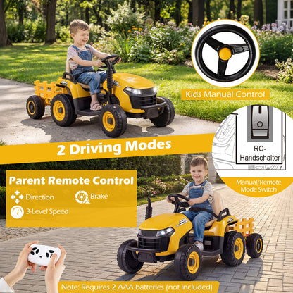 24V Ride on Tractor with Tiltable and Detachable Trailer Battery Powered Electric Tractor-Yellow