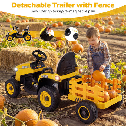 24V Ride on Tractor with Tiltable and Detachable Trailer Battery Powered Electric Tractor-Yellow
