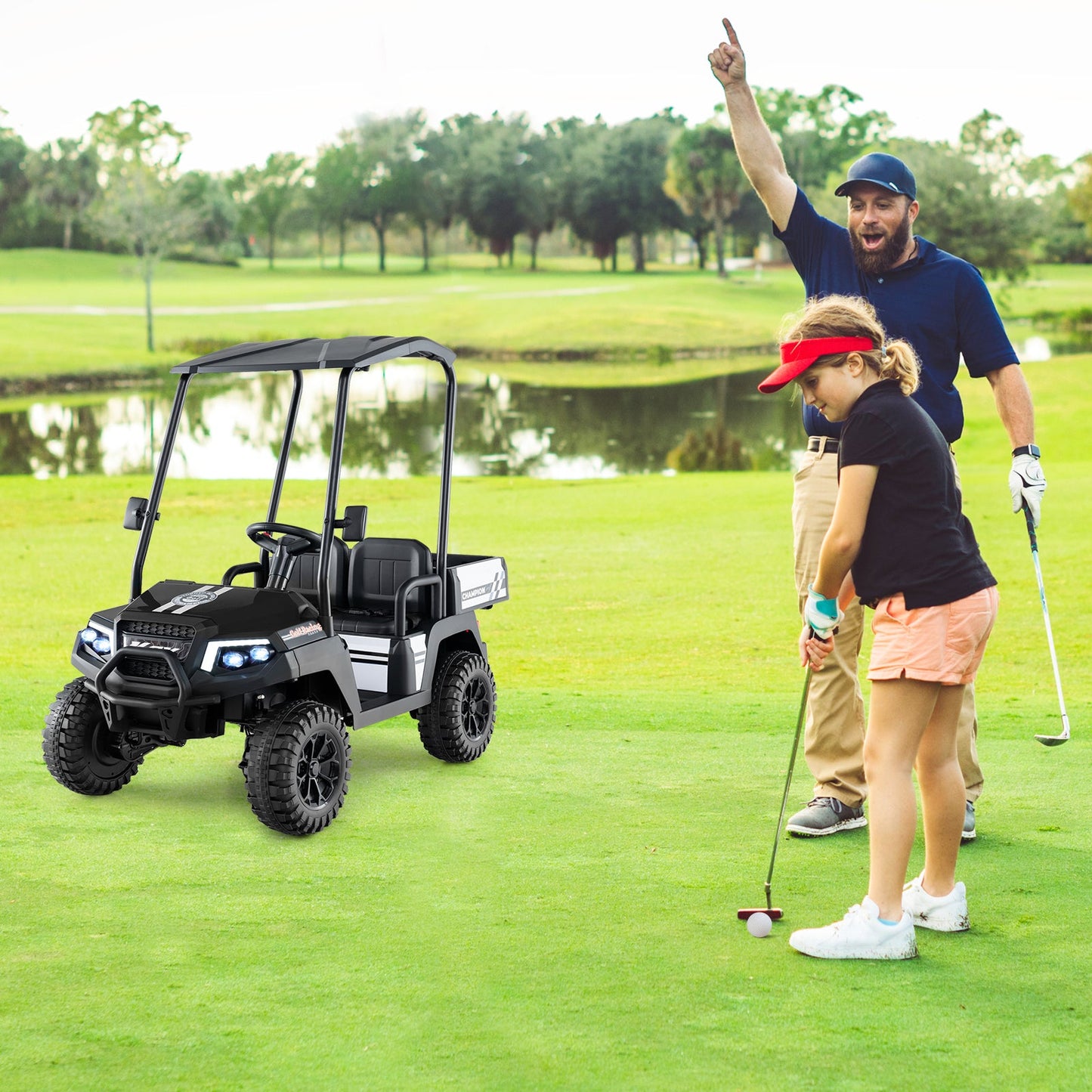 24V Kids Golf Cart 4WD 2 Seater Ride on Car with Dump Bed-Black