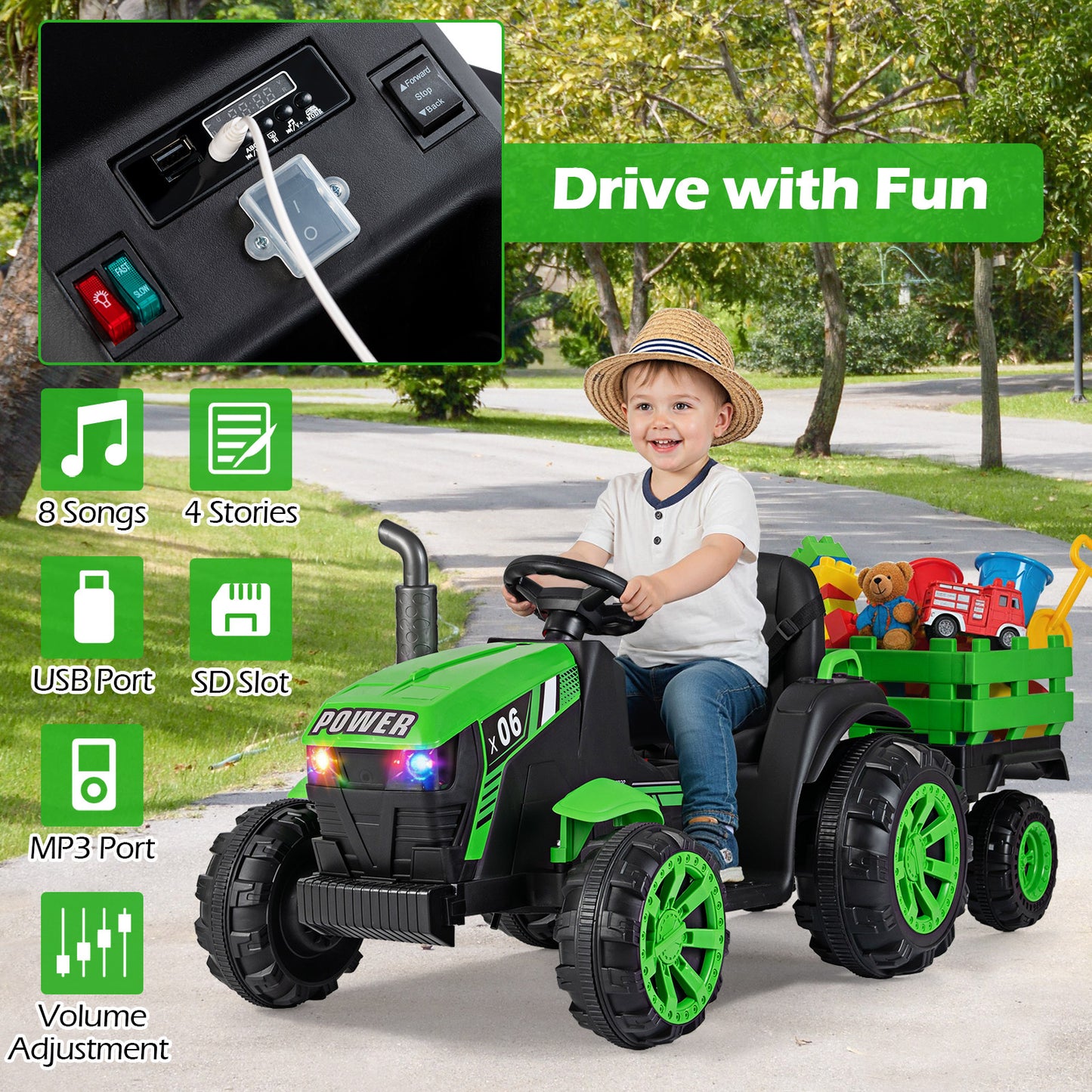 24V Ride On Tractor with RGB LED Headlights and Parent Remote Control-Light Green