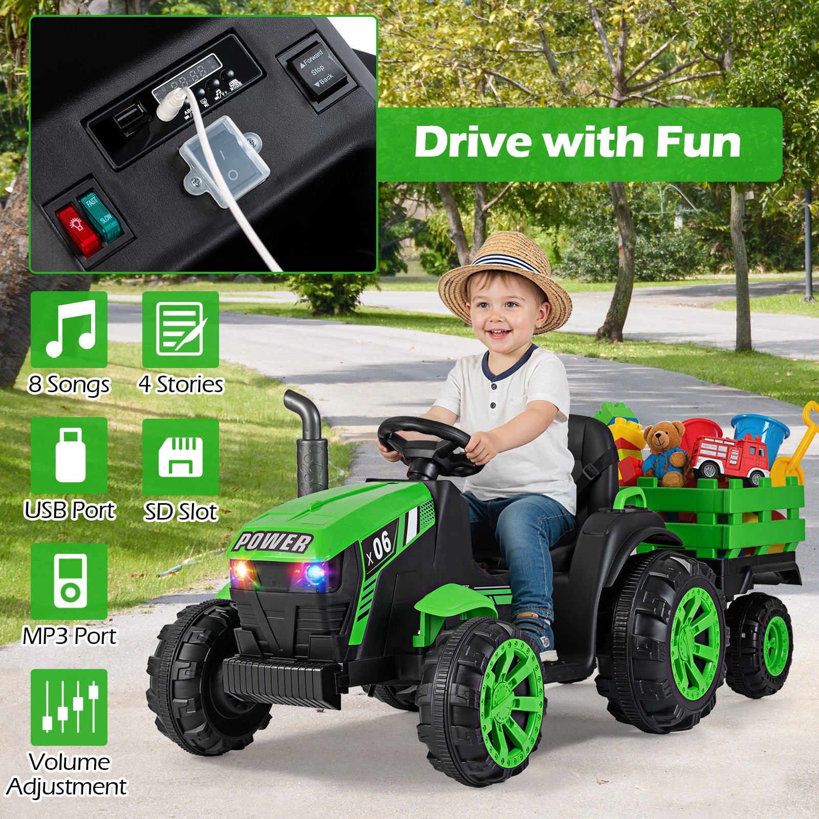 24V Ride On Tractor with RGB LED Headlights and Parent Remote Control-Light Green