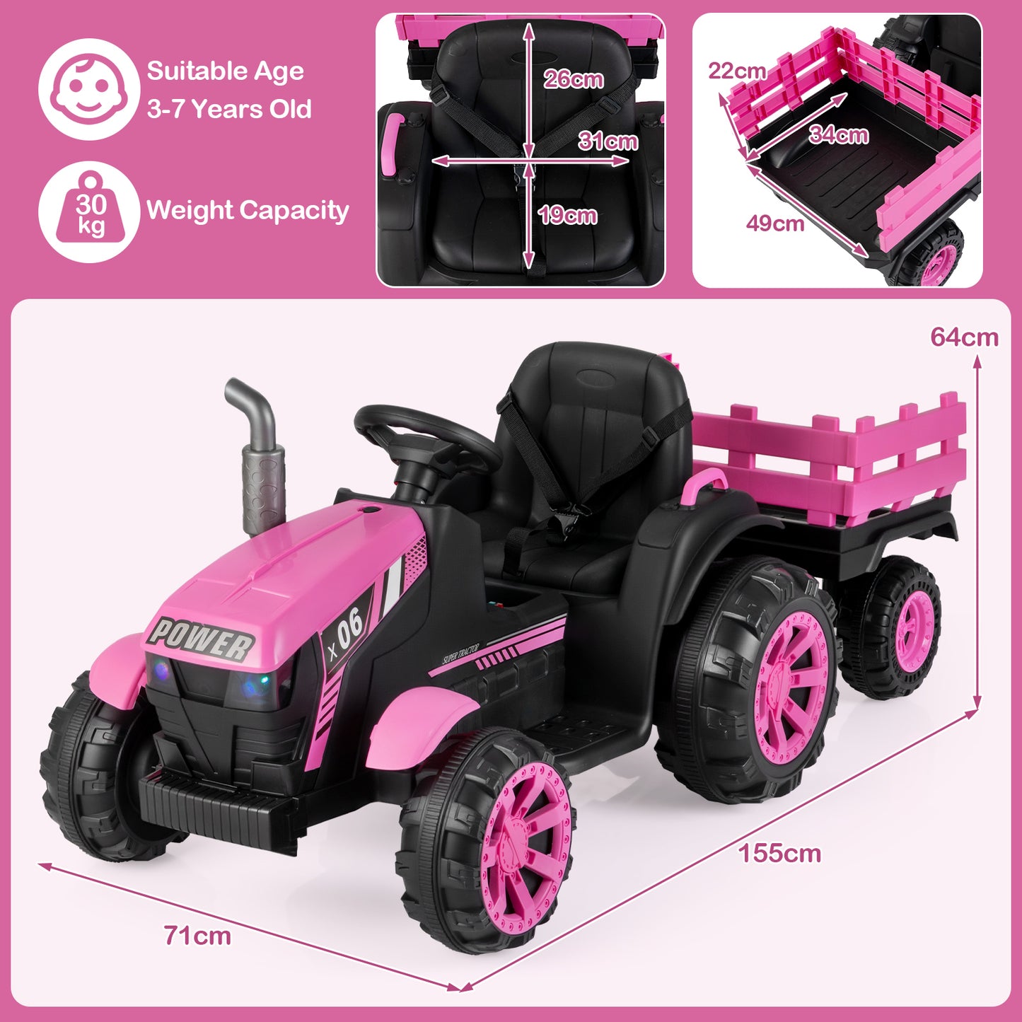 24V Ride On Tractor with RGB LED Headlights and Parent Remote Control-Pink