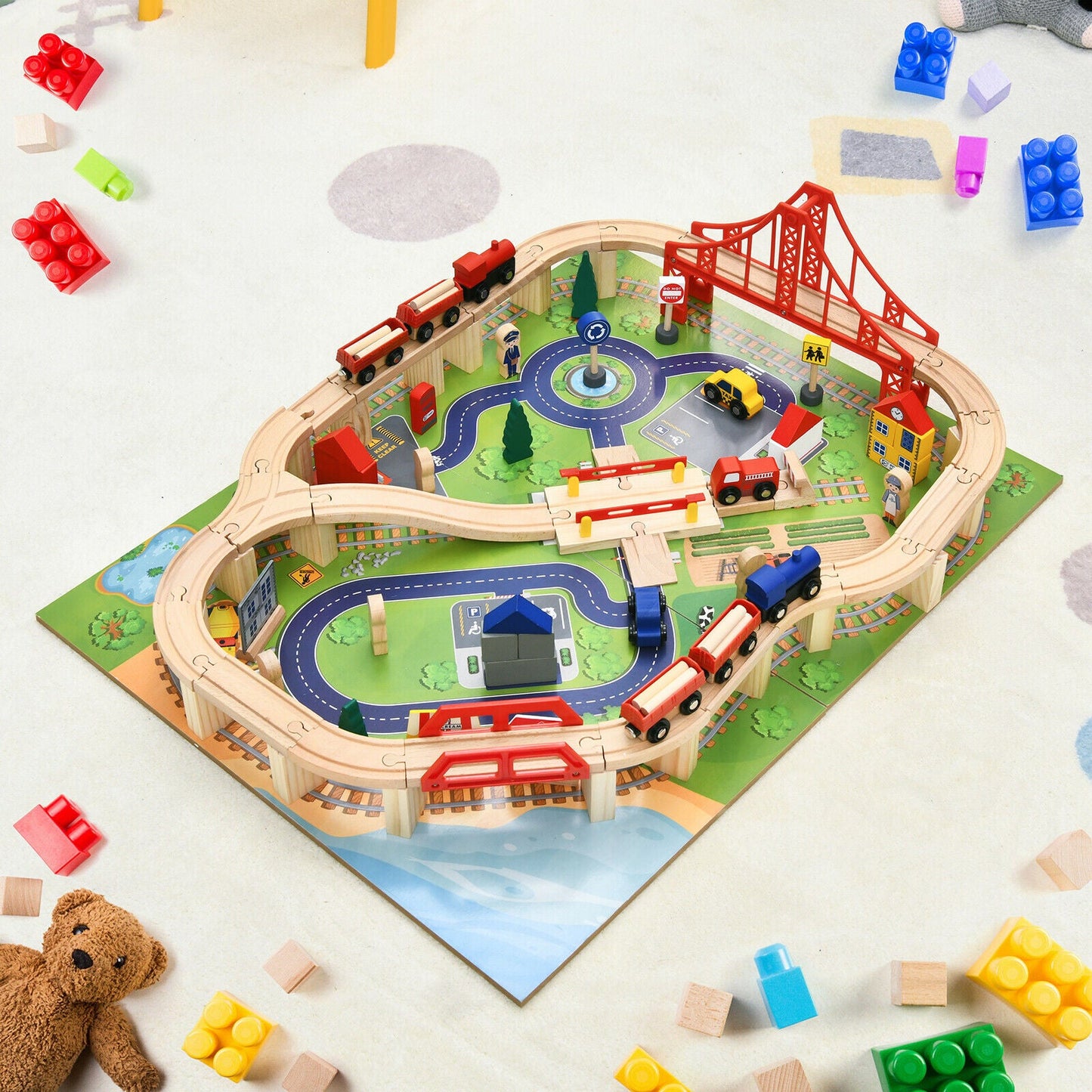 100 Pcs Kid's Wooden Train Railway Track Set Table