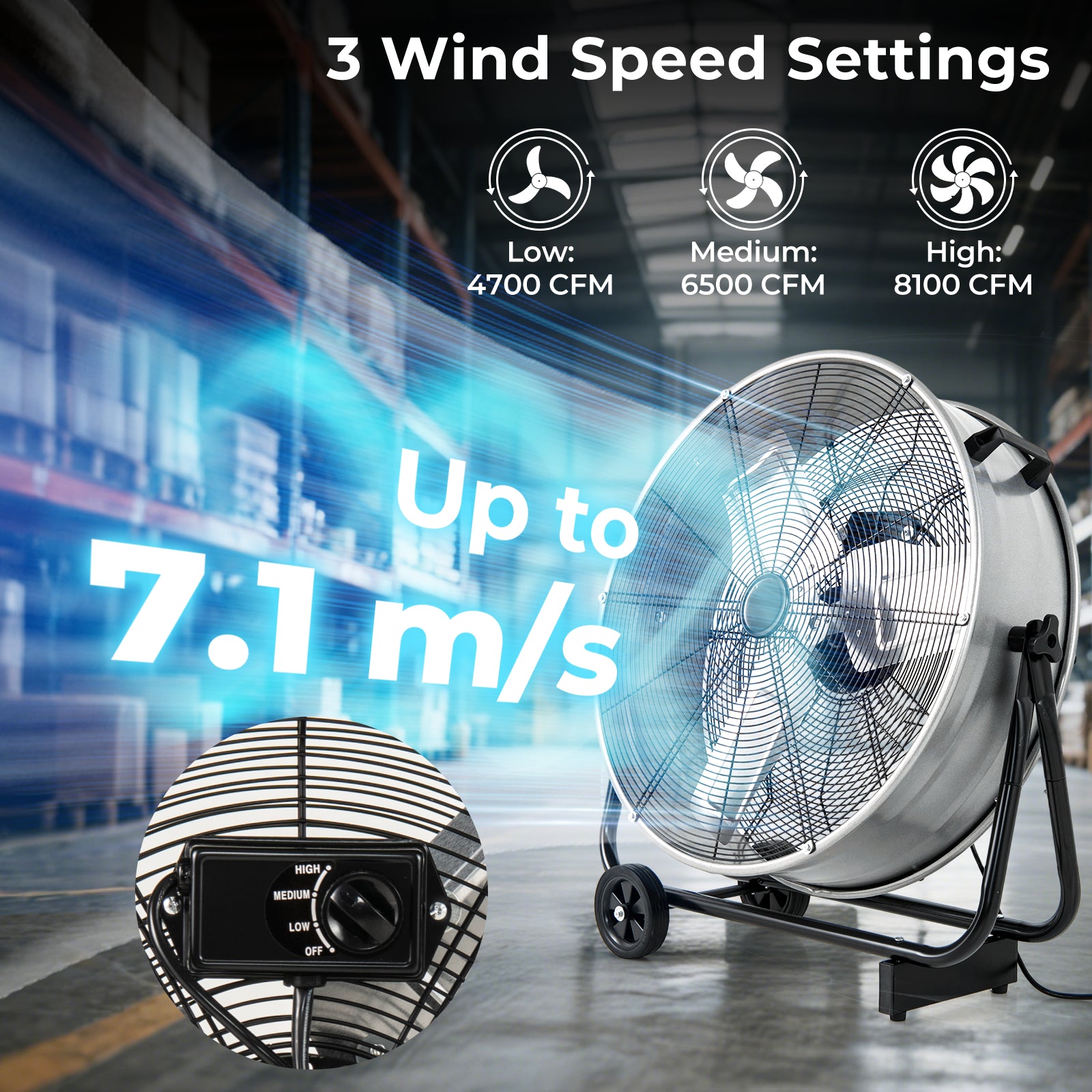 24 Inch Industrial Drum Fan with 360° Adjustable Tilt and 2 Wheels-Silver