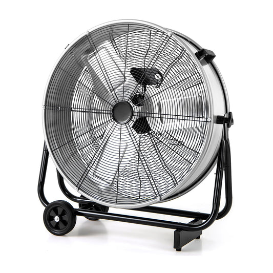 24 Inch Industrial Drum Fan with 360° Adjustable Tilt and 2 Wheels-Silver
