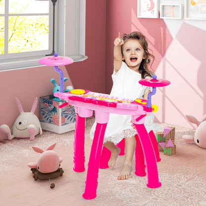 24 Keys Piano Keyboard Drum Set with Stool and Microphone for Kids-Pink