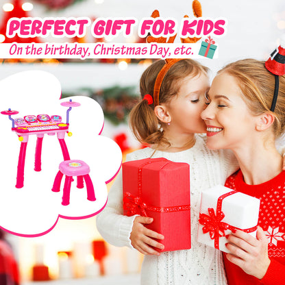 24 Keys Piano Keyboard Drum Set with Stool and Microphone for Kids-Pink