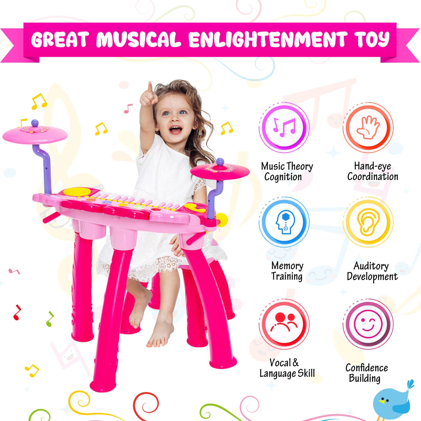 24 Keys Piano Keyboard Drum Set with Stool and Microphone for Kids-Pink