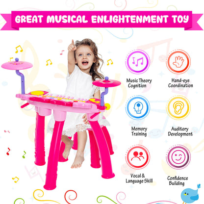 24 Keys Piano Keyboard Drum Set with Stool and Microphone for Kids-Pink