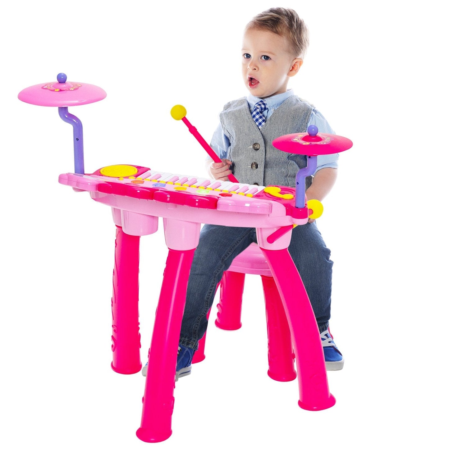 24 Keys Piano Keyboard Drum Set with Stool and Microphone for Kids-Pink