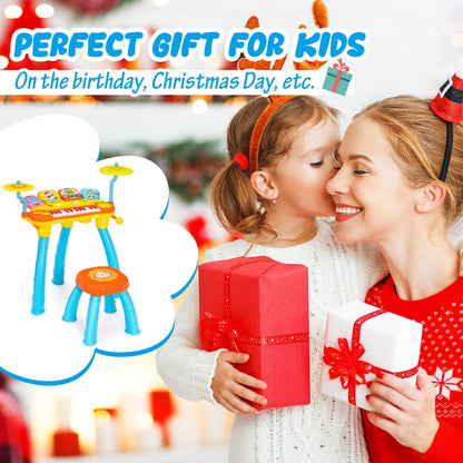 24 Keys Piano Keyboard Drum Set with Stool and Microphone for Kids-Blue