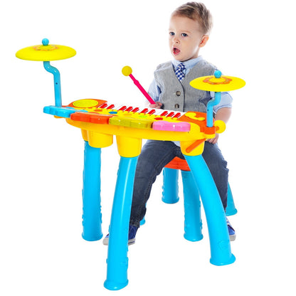 24 Keys Piano Keyboard Drum Set with Stool and Microphone for Kids-Blue