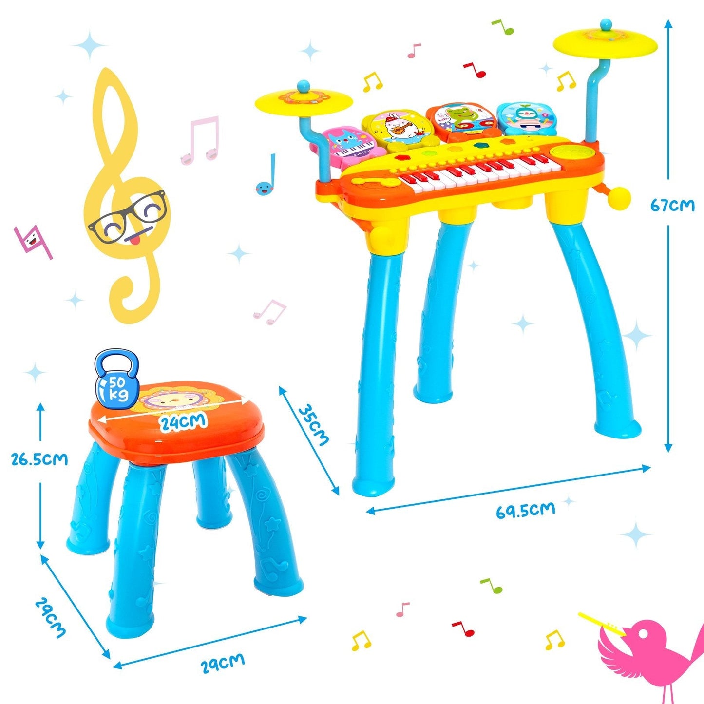 24 Keys Piano Keyboard Drum Set with Stool and Microphone for Kids-Blue