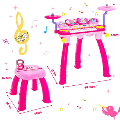 24 Keys Piano Keyboard Drum Set with Stool and Microphone for Kids-Pink
