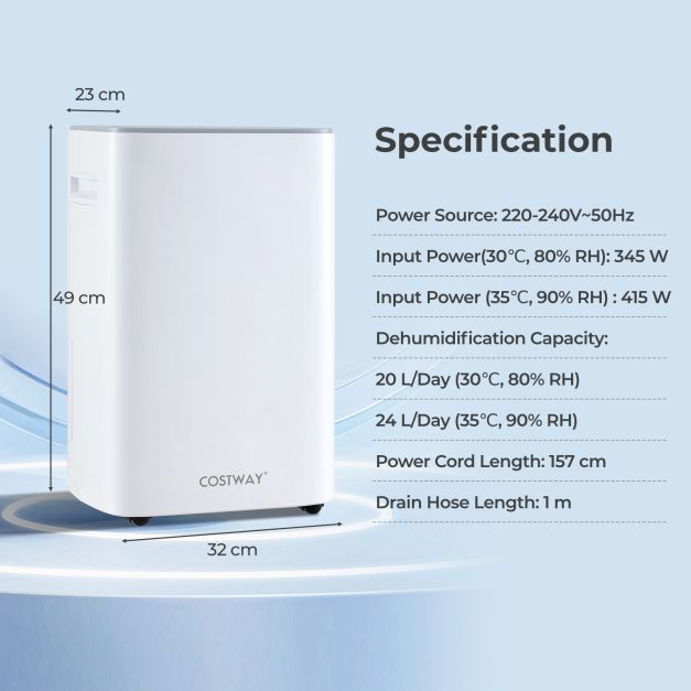 24 L Energy Efficient Dehumidifier with Auto Drain or Manual Drainage-White