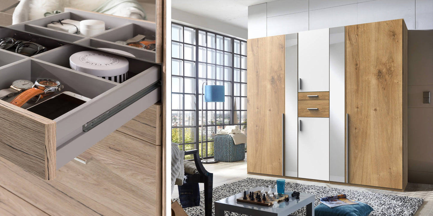 Odense 6 Door Mirrored Wardrobe - White And Planked Oak