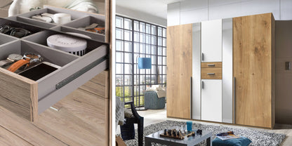 Odense 6 Door Mirrored Wardrobe - White And Planked Oak