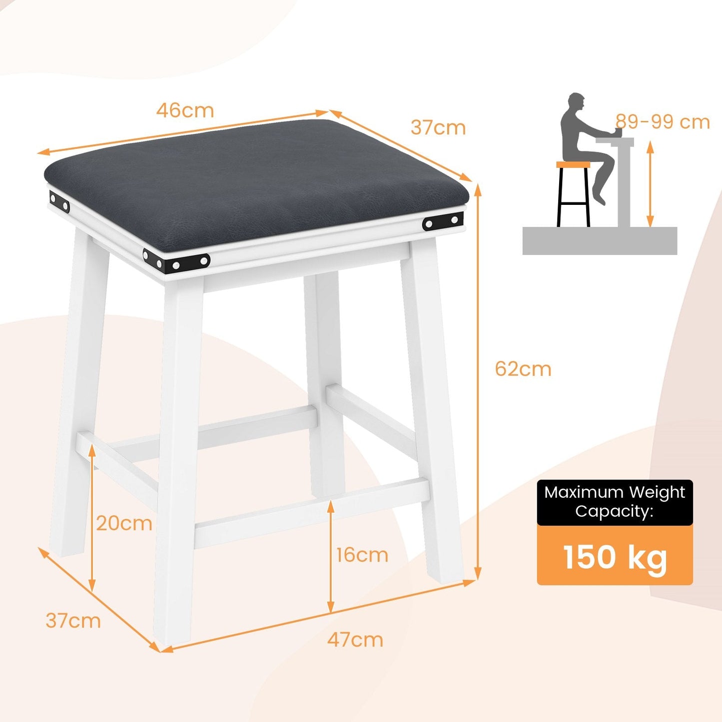 Upholstered Backless Bar Stools Set of 2 with PU Leather Padded Seat-White