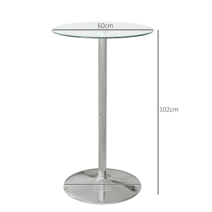 Stół barowy HOMCOM High Top, okrągły stół kuchenny z blatem ze szkła hartowanego i podstawą ze stali, stół bistro dla 2 osób, przezroczysty
