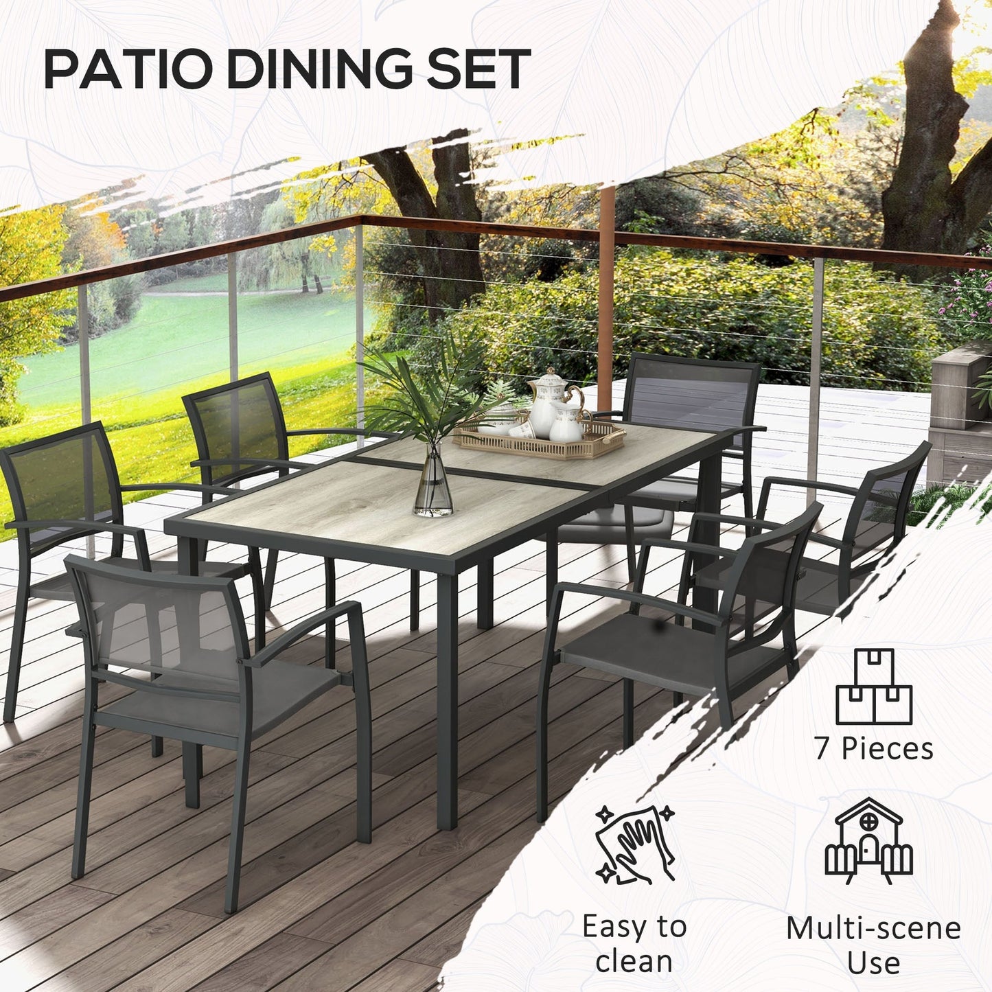 7 Pieces Garden Dining Set, Stackable Chairs, Outdoor Patio 6 Seater Table and Chairs With Breathable Mesh Seat, Back, Plastic Top for Poolside - Grey