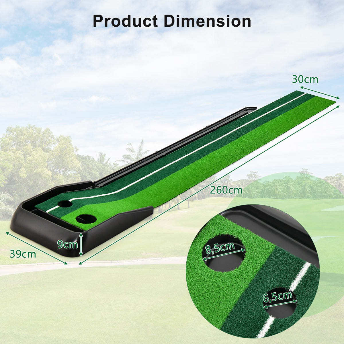 250 CM Putting Premium Golf Practice Turf with Auto Ball Return Track