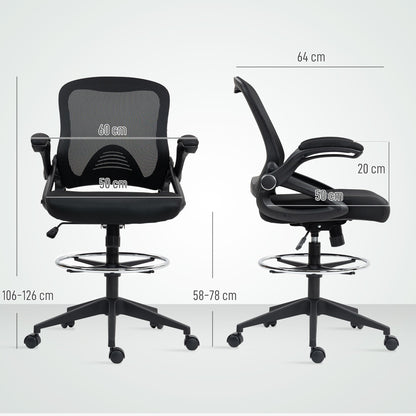 Vinsetto Drafting Chair with Flip-up Armrest, Mesh Office Stool with Foot Ring, 360 Degree Swivel Height Adjustable Chair for Standing Desk, Black